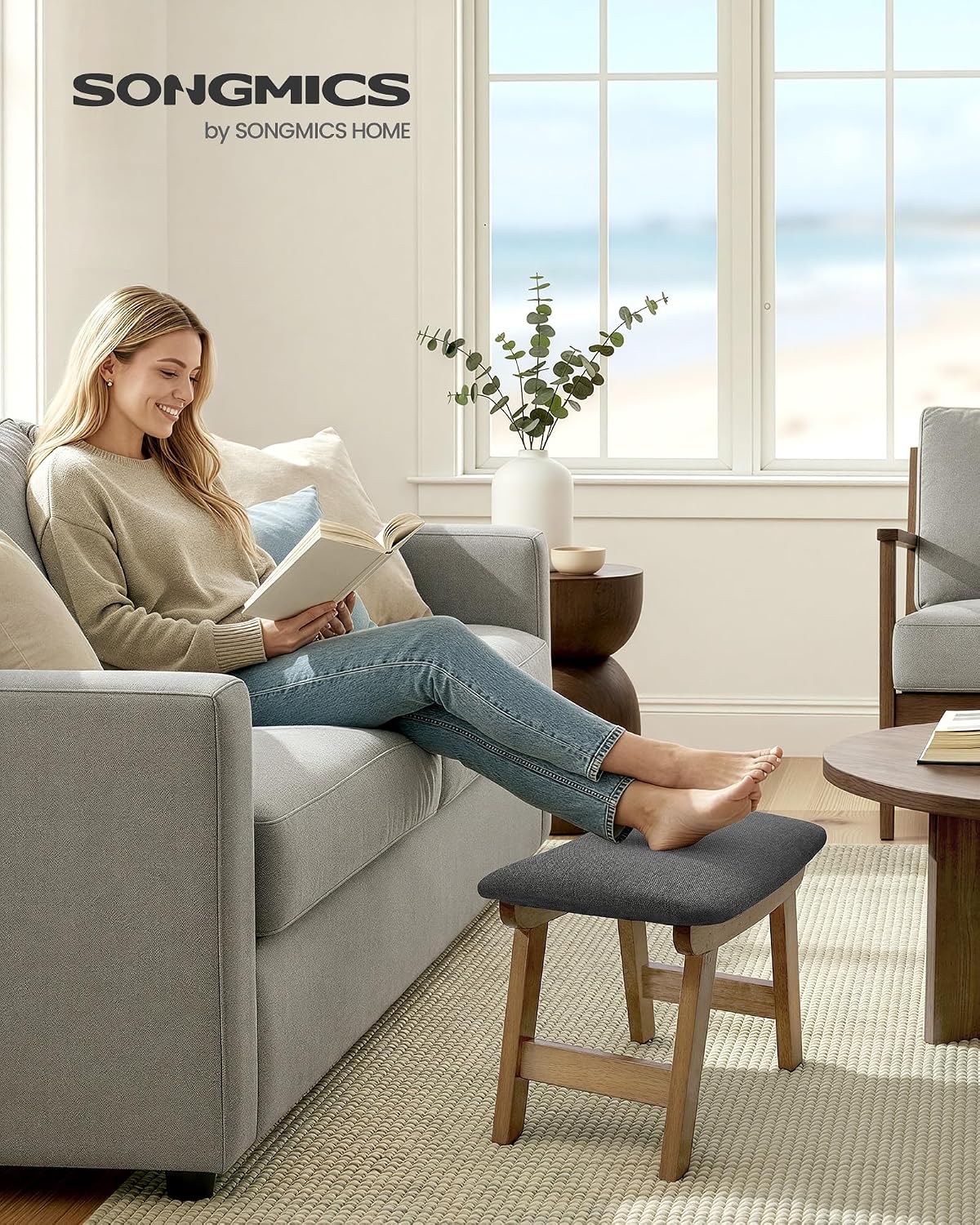SONGMICS Foot Stool, Small Linen-Look Fabric Ottoman with Thick Cushion