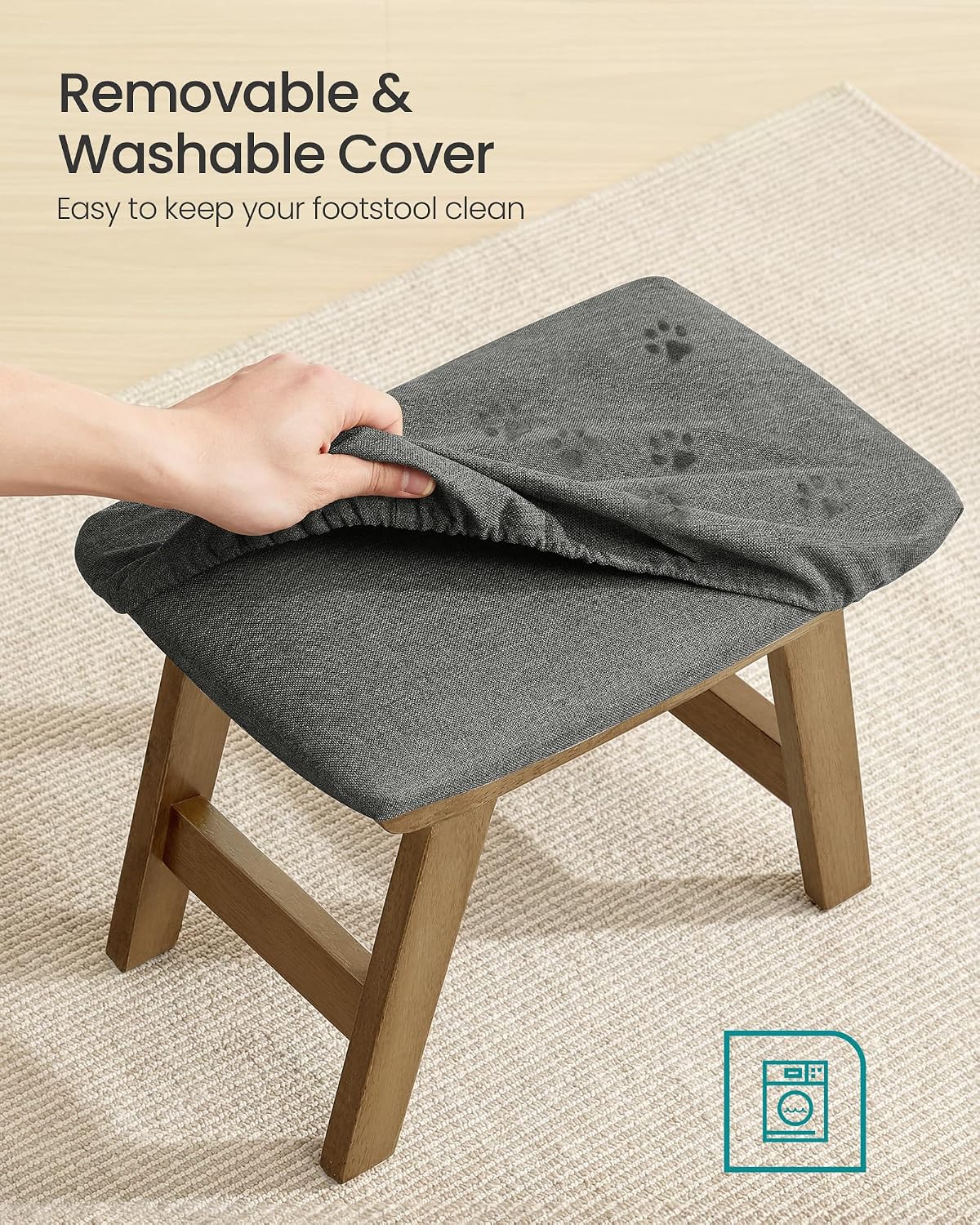 SONGMICS Foot Stool, Small Linen-Look Fabric Ottoman with Thick Cushion