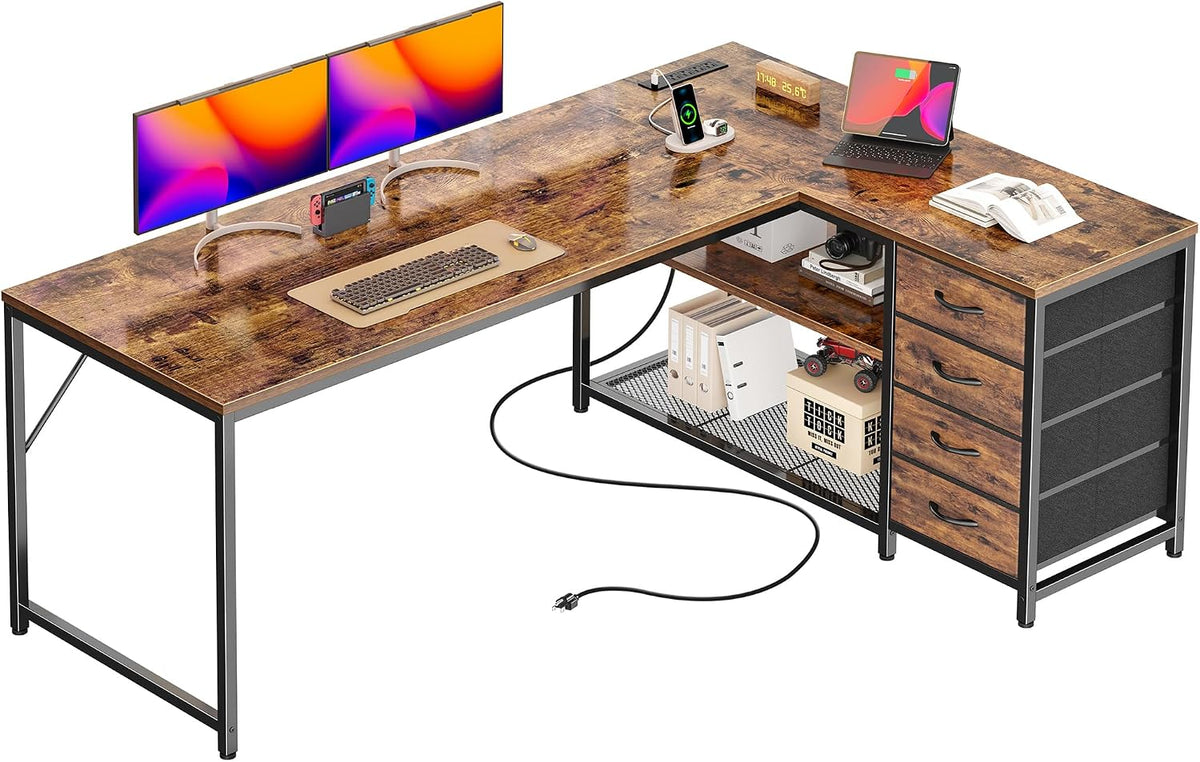 61" L Shaped Desk with Power Outlets & 4 Drawers