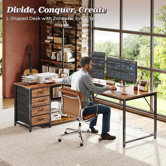 61" L Shaped Desk with Power Outlets & 4 Drawers