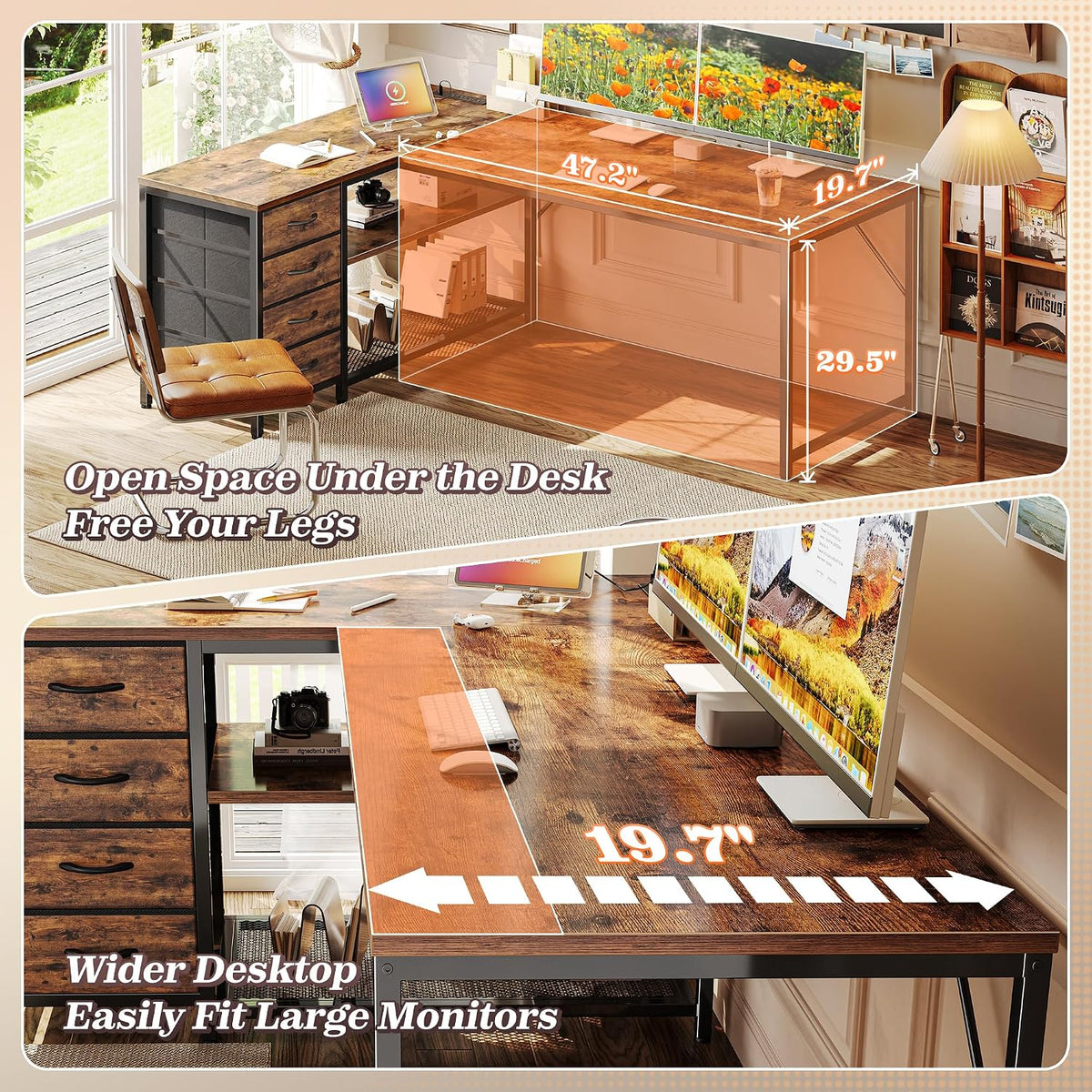61" L Shaped Desk with Power Outlets & 4 Drawers