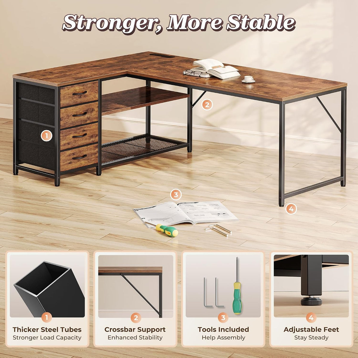 61" L Shaped Desk with Power Outlets & 4 Drawers