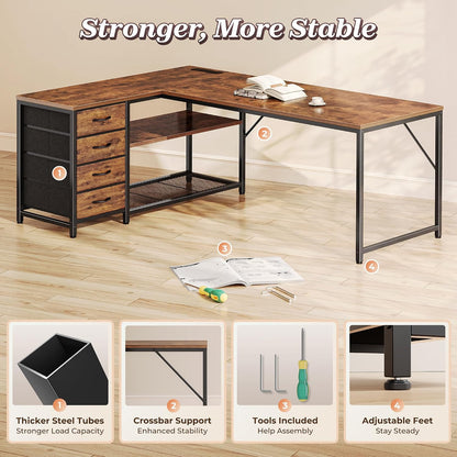 61" L Shaped Desk with Power Outlets & 4 Drawers