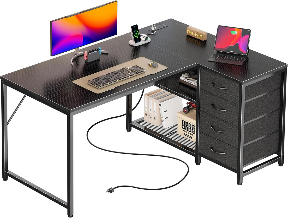 61" L Shaped Desk with Power Outlets & 4 Drawers
