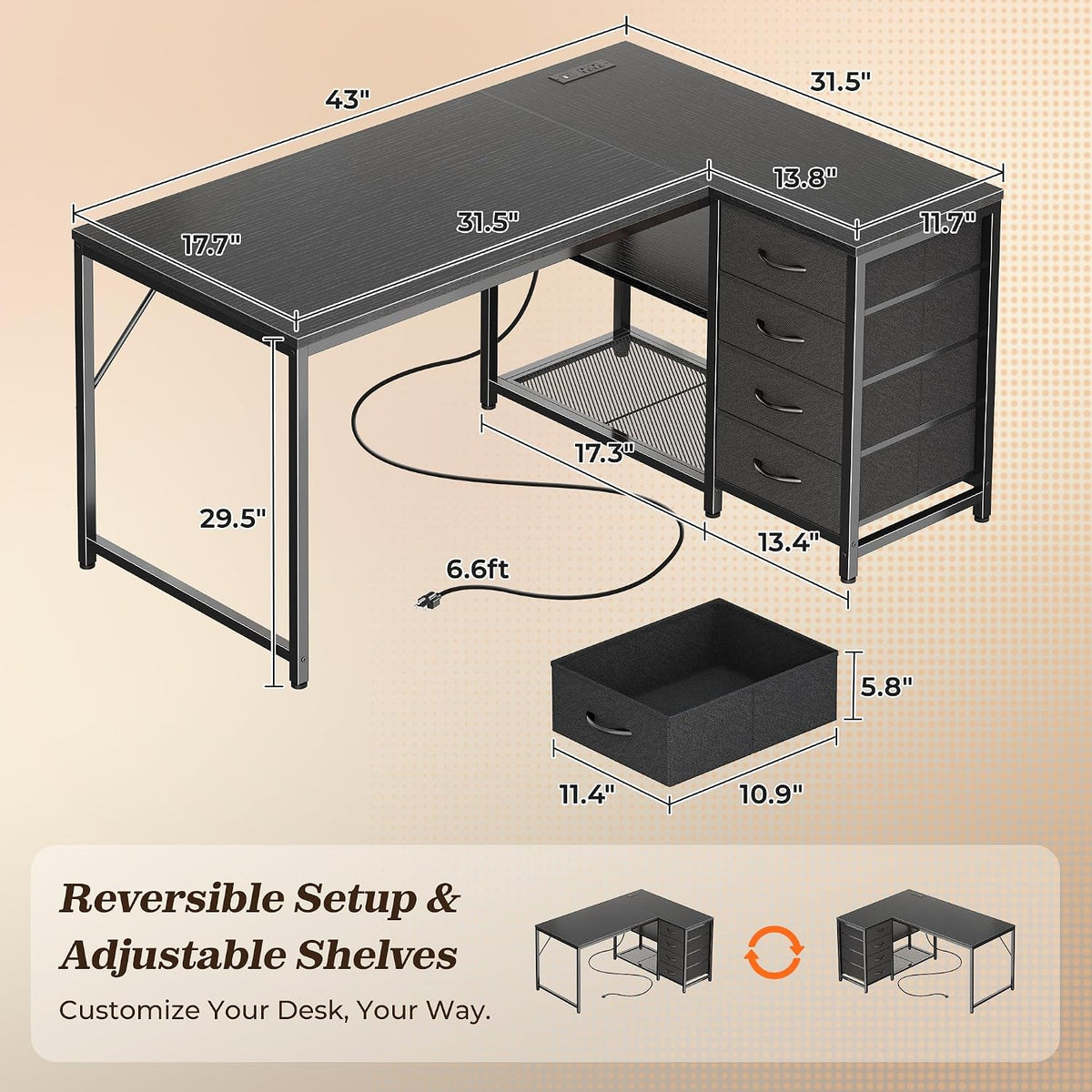 61" L Shaped Desk with Power Outlets & 4 Drawers
