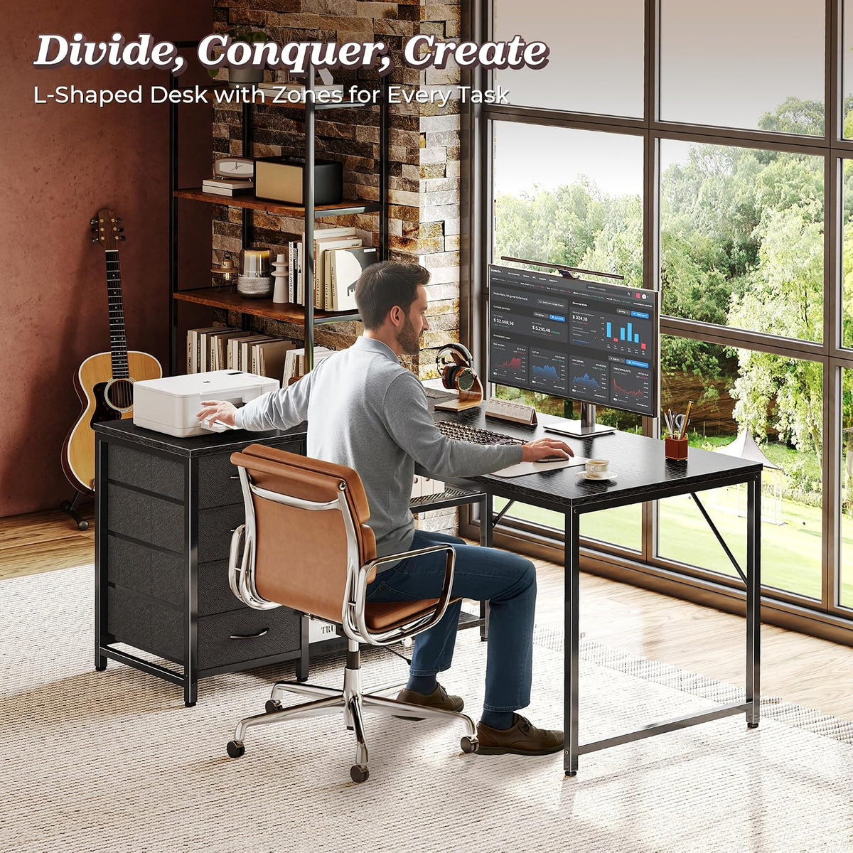 61" L Shaped Desk with Power Outlets & 4 Drawers