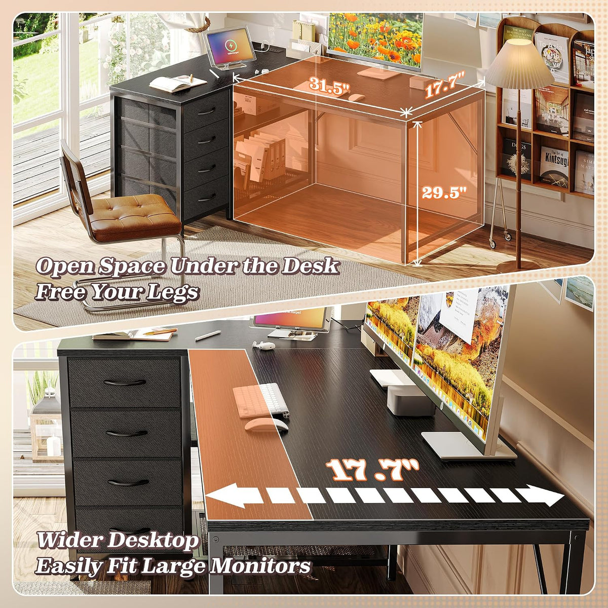 61" L Shaped Desk with Power Outlets & 4 Drawers