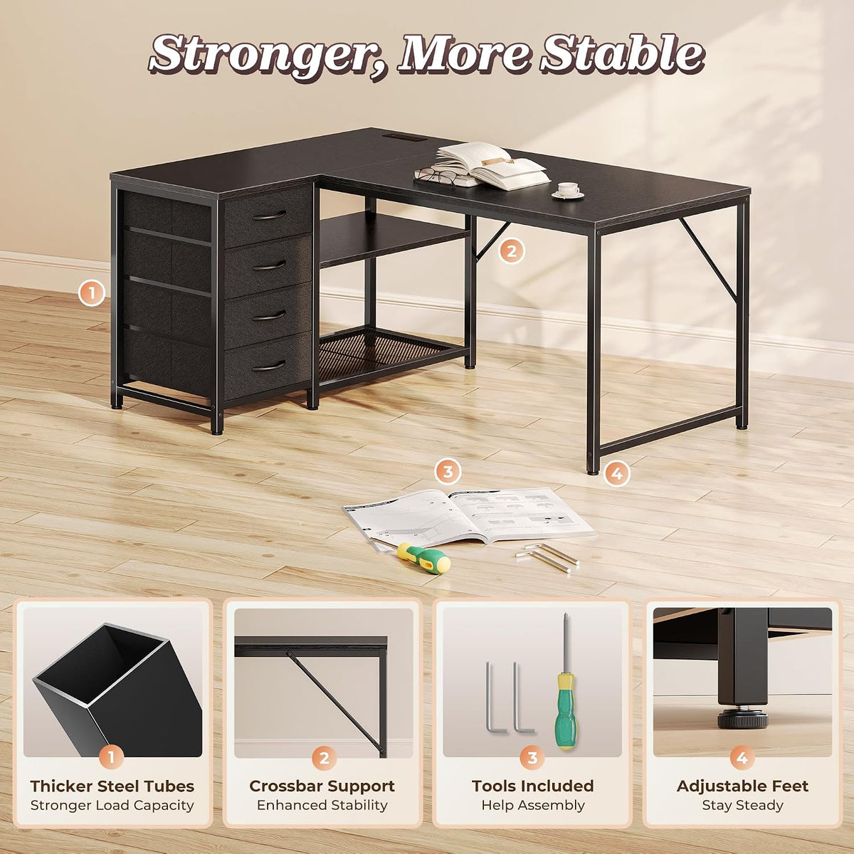 61" L Shaped Desk with Power Outlets & 4 Drawers