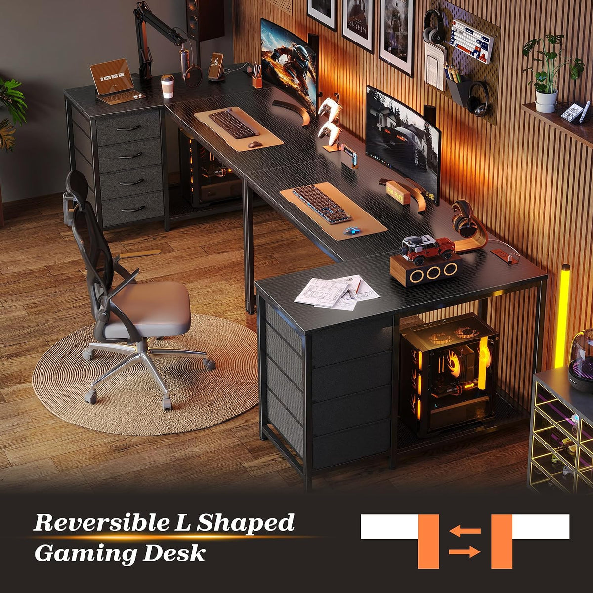 61" L Shaped Desk with Power Outlets & 4 Drawers