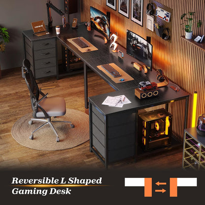 61" L Shaped Desk with Power Outlets & 4 Drawers