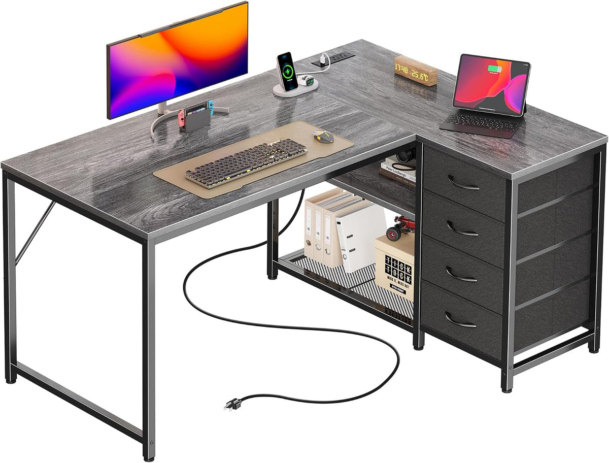 61" L Shaped Desk with Power Outlets & 4 Drawers