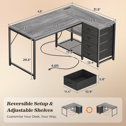 61" L Shaped Desk with Power Outlets & 4 Drawers