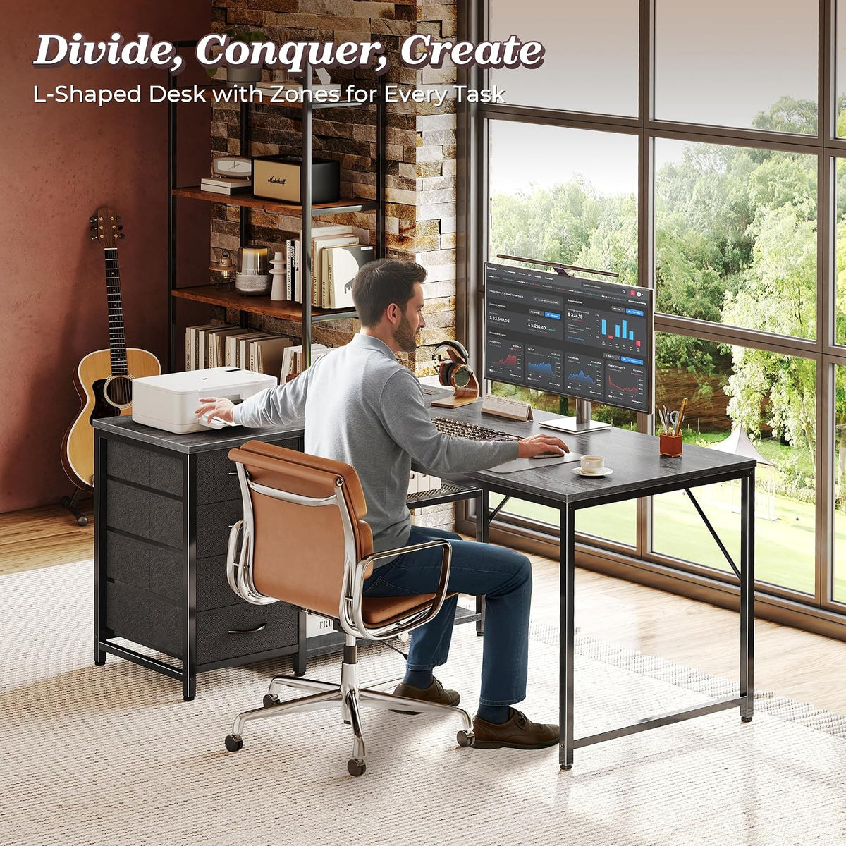 61" L Shaped Desk with Power Outlets & 4 Drawers