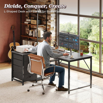 61" L Shaped Desk with Power Outlets & 4 Drawers