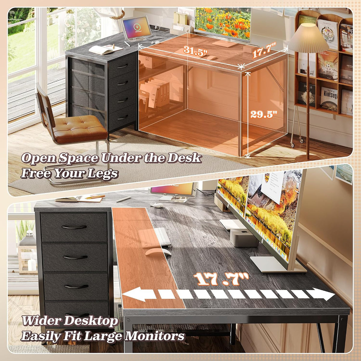 61" L Shaped Desk with Power Outlets & 4 Drawers