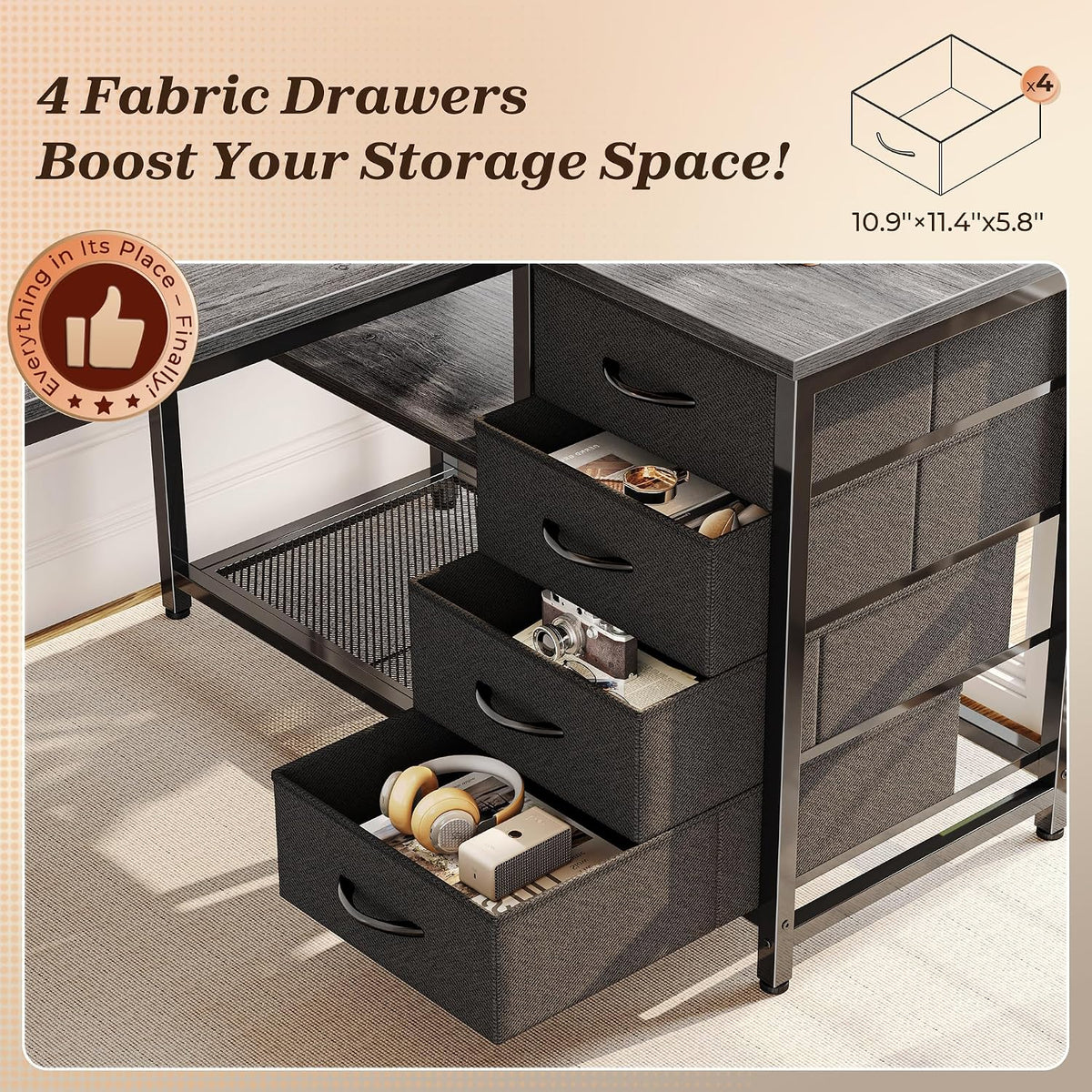 61" L Shaped Desk with Power Outlets & 4 Drawers
