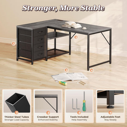 61" L Shaped Desk with Power Outlets & 4 Drawers