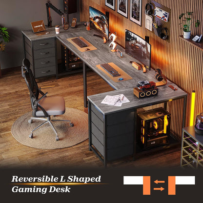 61" L Shaped Desk with Power Outlets & 4 Drawers