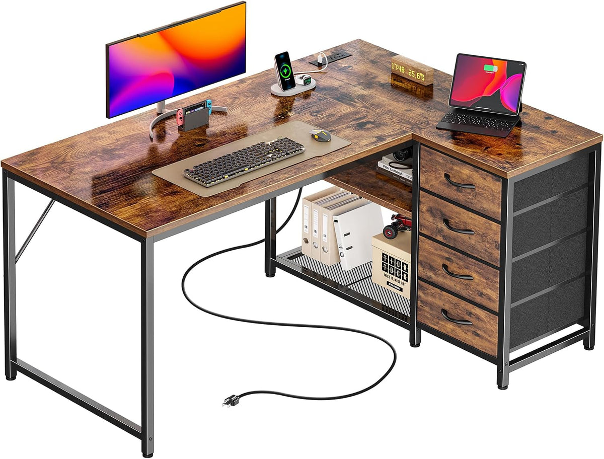 61" L Shaped Desk with Power Outlets & 4 Drawers