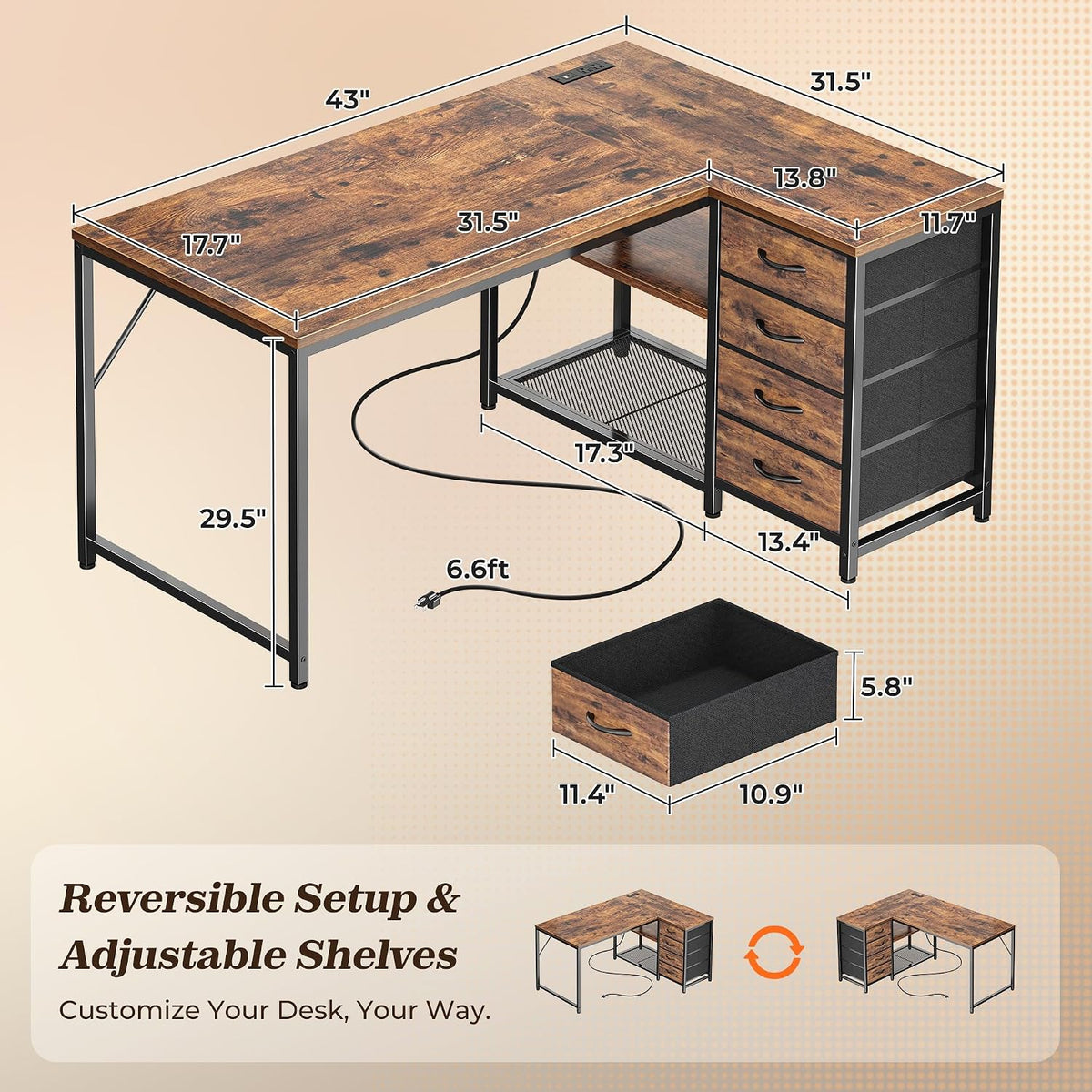 61" L Shaped Desk with Power Outlets & 4 Drawers