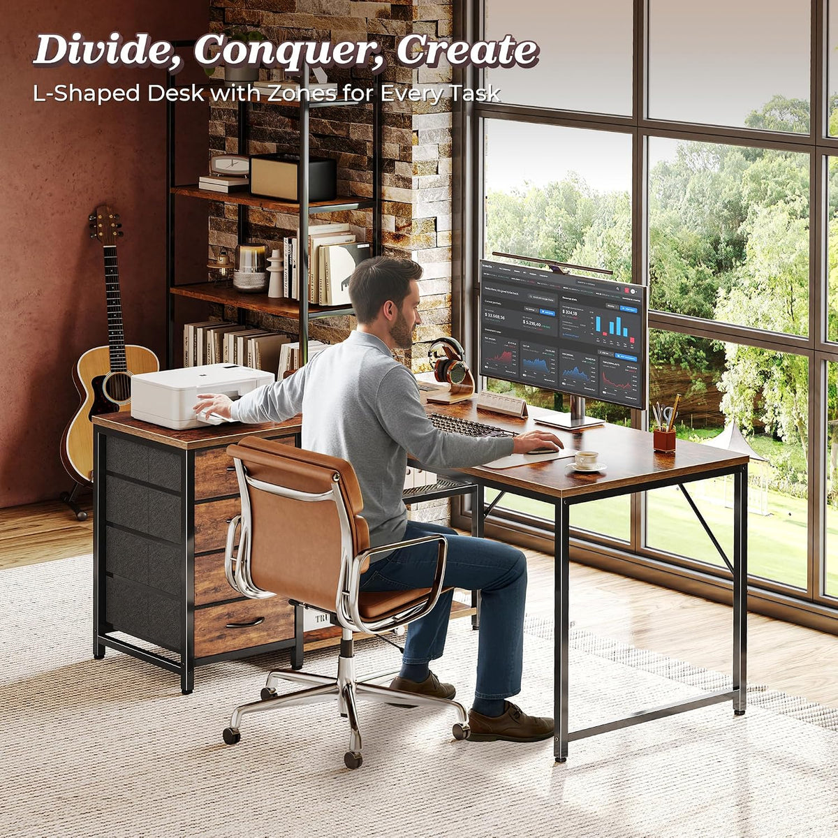 61" L Shaped Desk with Power Outlets & 4 Drawers