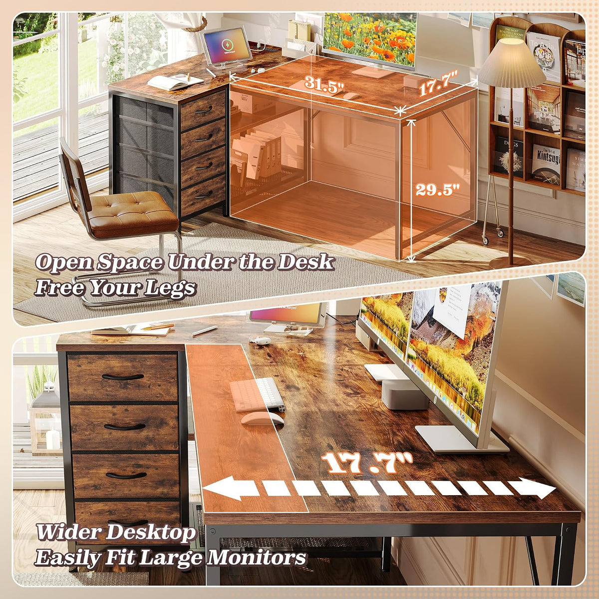 61" L Shaped Desk with Power Outlets & 4 Drawers