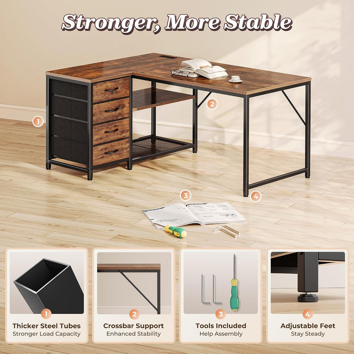 61" L Shaped Desk with Power Outlets & 4 Drawers