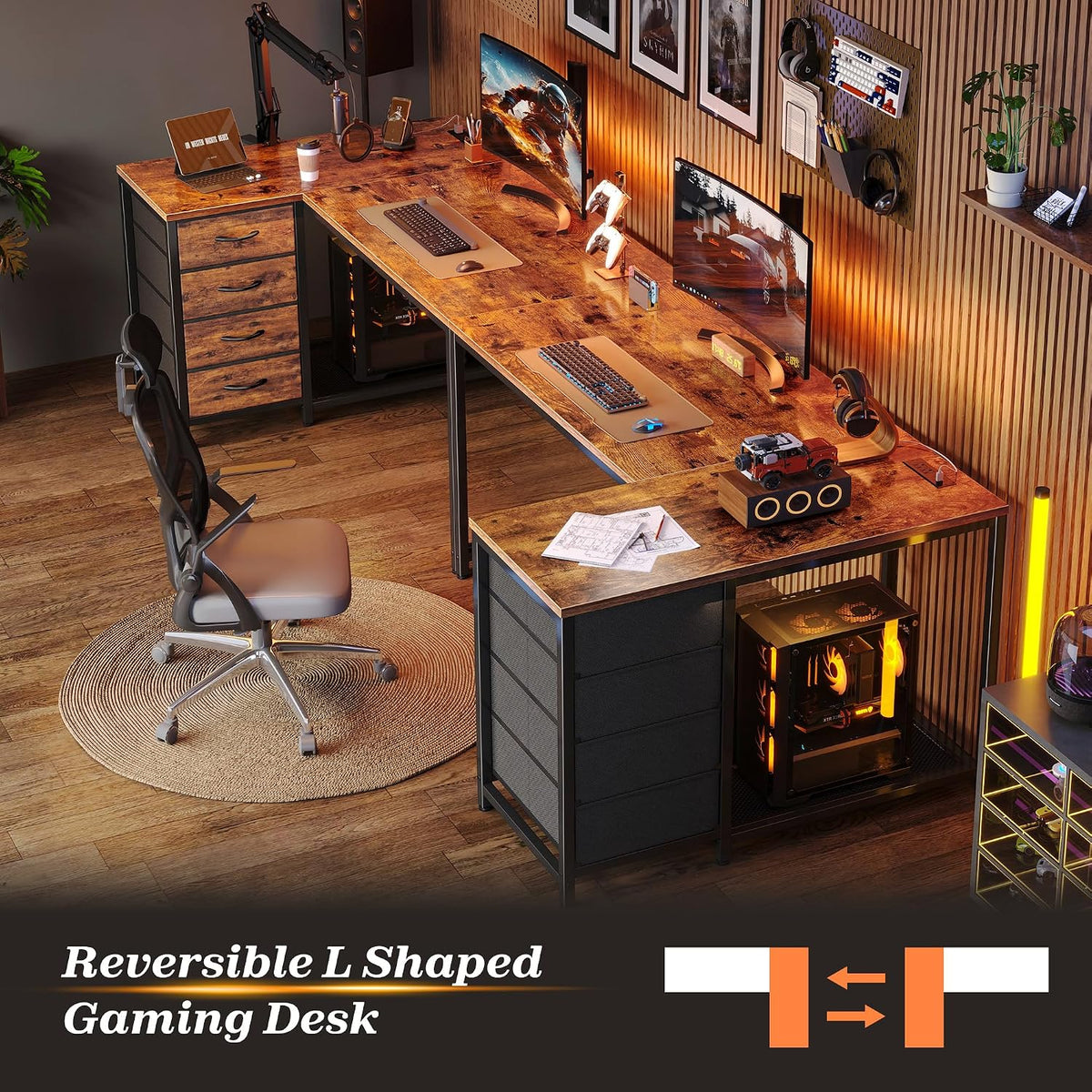 61" L Shaped Desk with Power Outlets & 4 Drawers