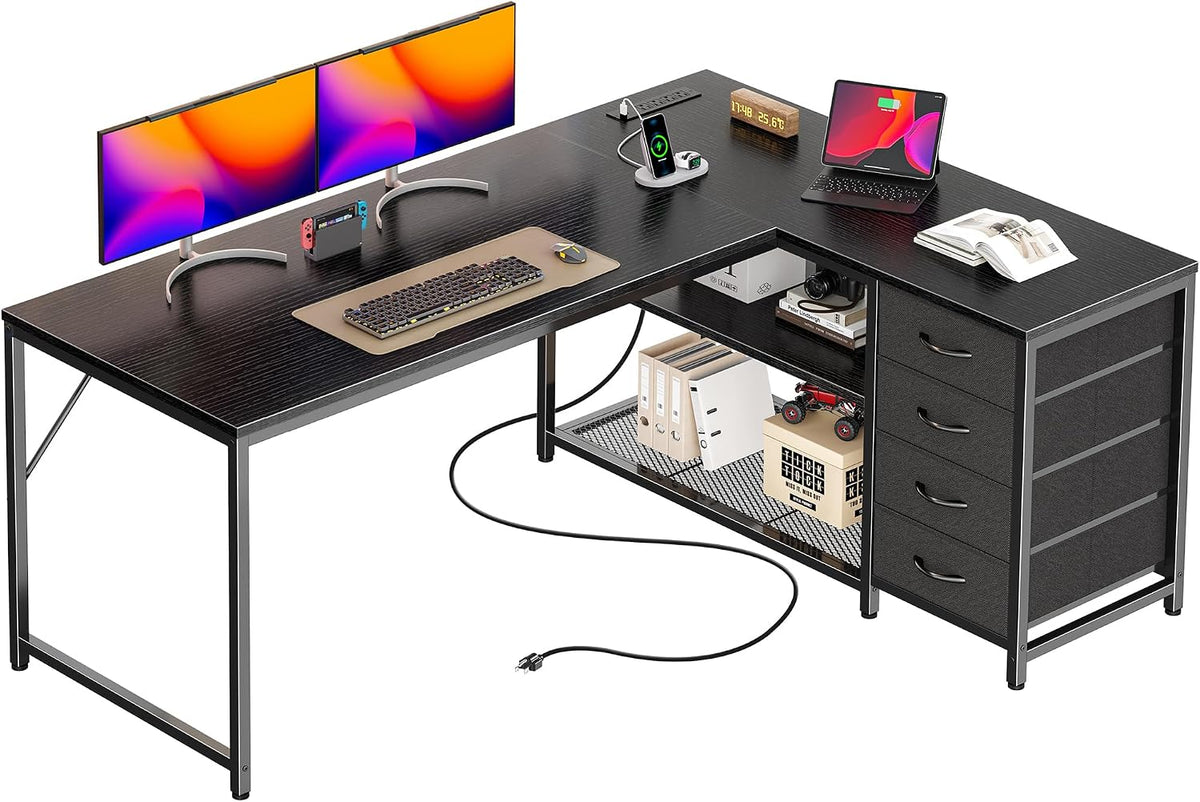 61" L Shaped Desk with Power Outlets & 4 Drawers