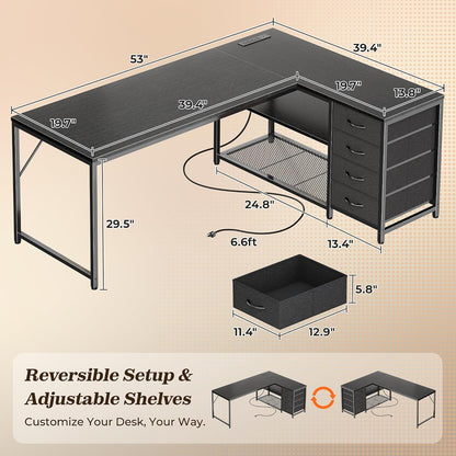 61" L Shaped Desk with Power Outlets & 4 Drawers