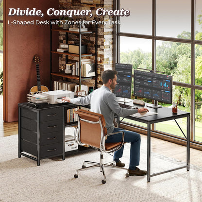 61" L Shaped Desk with Power Outlets & 4 Drawers