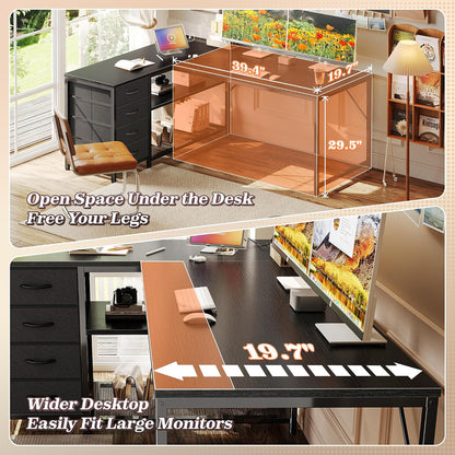 61" L Shaped Desk with Power Outlets & 4 Drawers