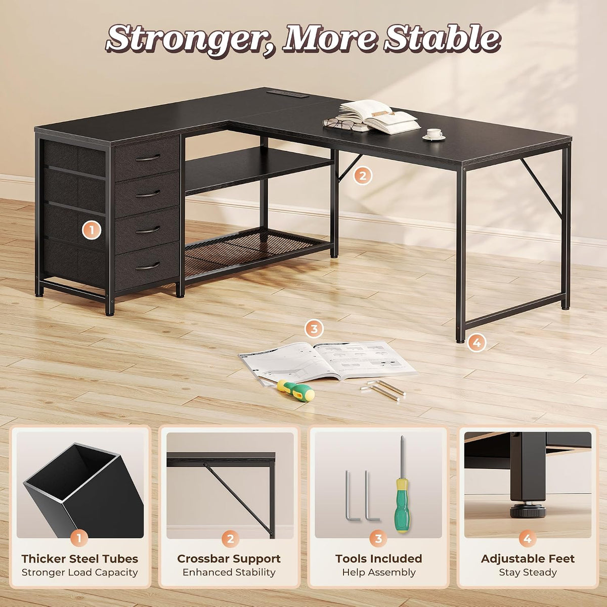 61" L Shaped Desk with Power Outlets & 4 Drawers