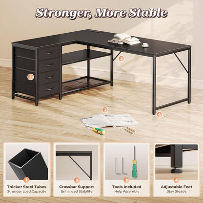 61" L Shaped Desk with Power Outlets & 4 Drawers