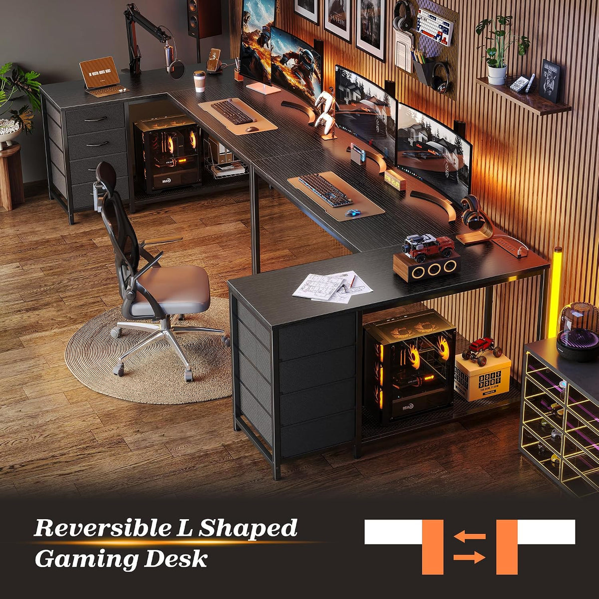 61" L Shaped Desk with Power Outlets & 4 Drawers