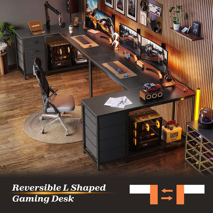 61" L Shaped Desk with Power Outlets & 4 Drawers