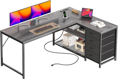61" L Shaped Desk with Power Outlets & 4 Drawers
