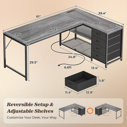 61" L Shaped Desk with Power Outlets & 4 Drawers