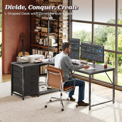 61" L Shaped Desk with Power Outlets & 4 Drawers