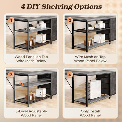 61" L Shaped Desk with Power Outlets & 4 Drawers