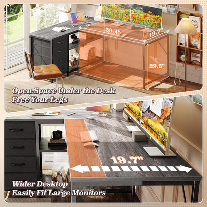 61" L Shaped Desk with Power Outlets & 4 Drawers