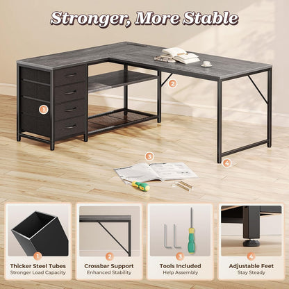 61" L Shaped Desk with Power Outlets & 4 Drawers