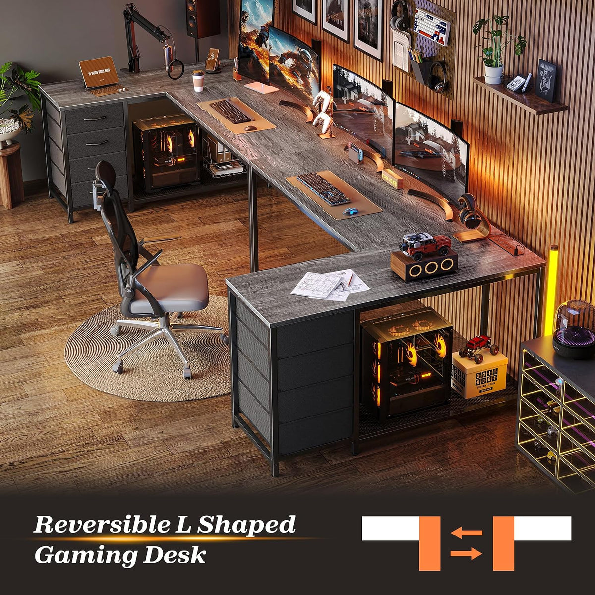 61" L Shaped Desk with Power Outlets & 4 Drawers