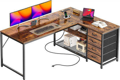61" L Shaped Desk with Power Outlets & 4 Drawers