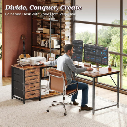61" L Shaped Desk with Power Outlets & 4 Drawers