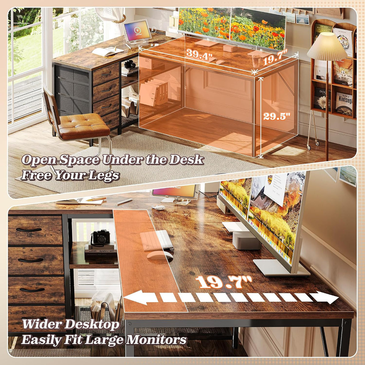 61" L Shaped Desk with Power Outlets & 4 Drawers
