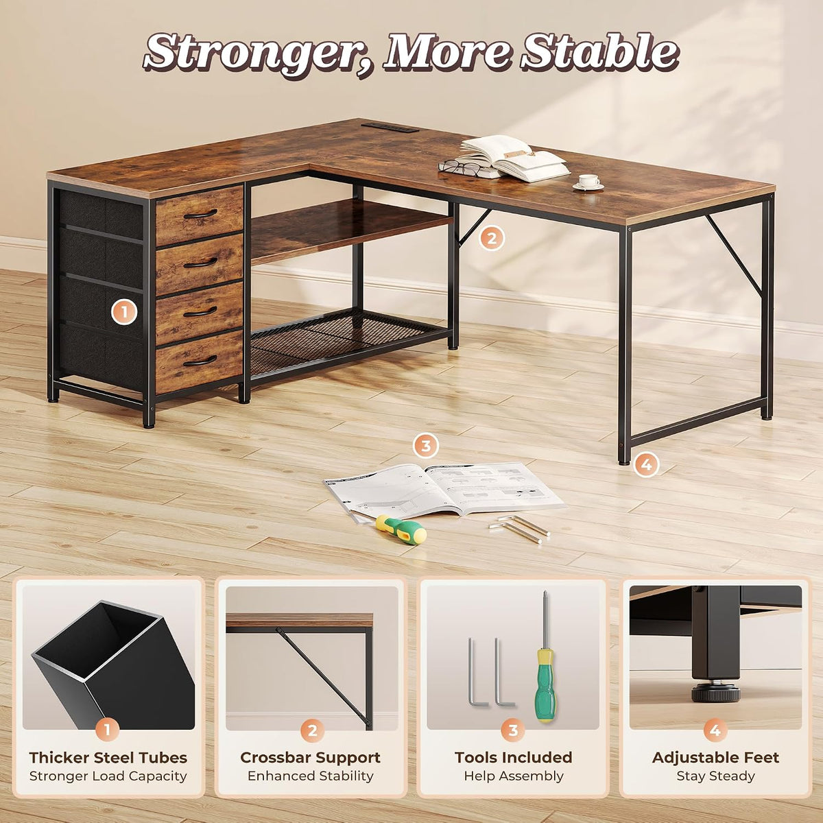 61" L Shaped Desk with Power Outlets & 4 Drawers