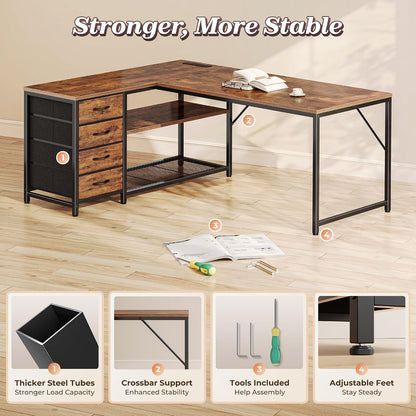 61" L Shaped Desk with Power Outlets & 4 Drawers