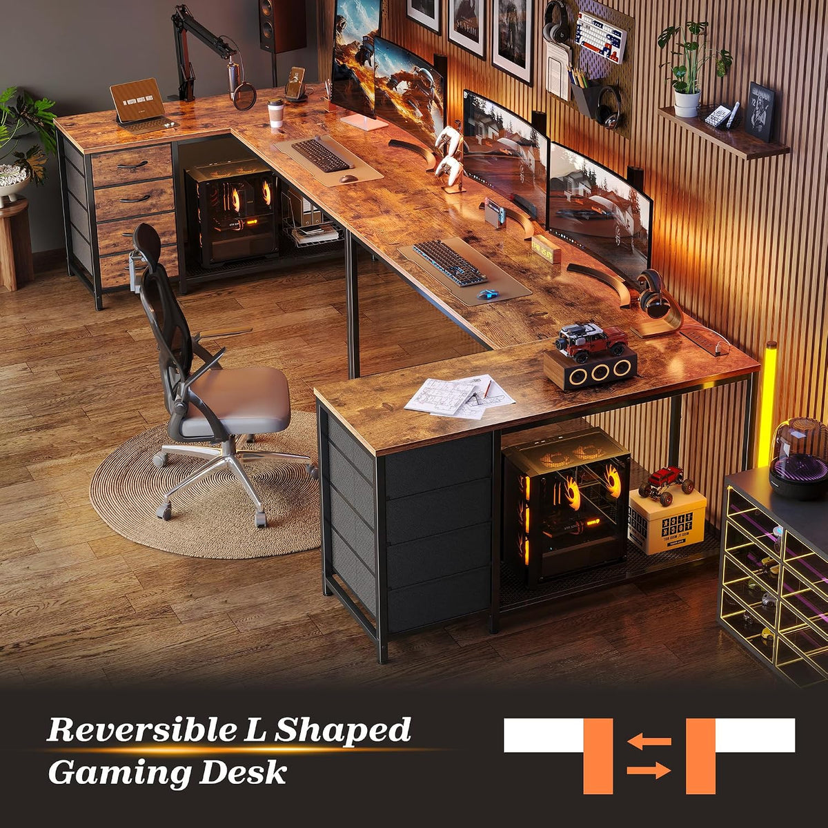 61" L Shaped Desk with Power Outlets & 4 Drawers