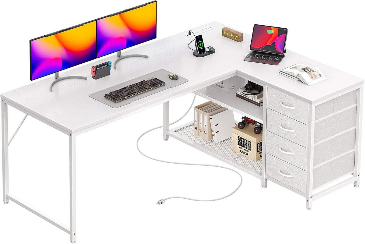 61" L Shaped Desk with Power Outlets & 4 Drawers